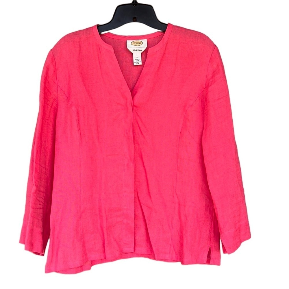 Talbots 100% Irish Linen Coral Button Down 3/4 Sleeve Blouse. Size 8